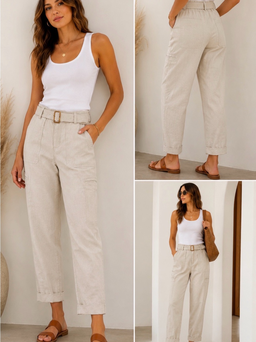 Vince Beige Linen Blend Belted Utility Pants XS Cropped Tapered